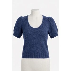 dH New York Navy Knit Puff Sleeve Sweater Small Scoop Neck Soft Cozy